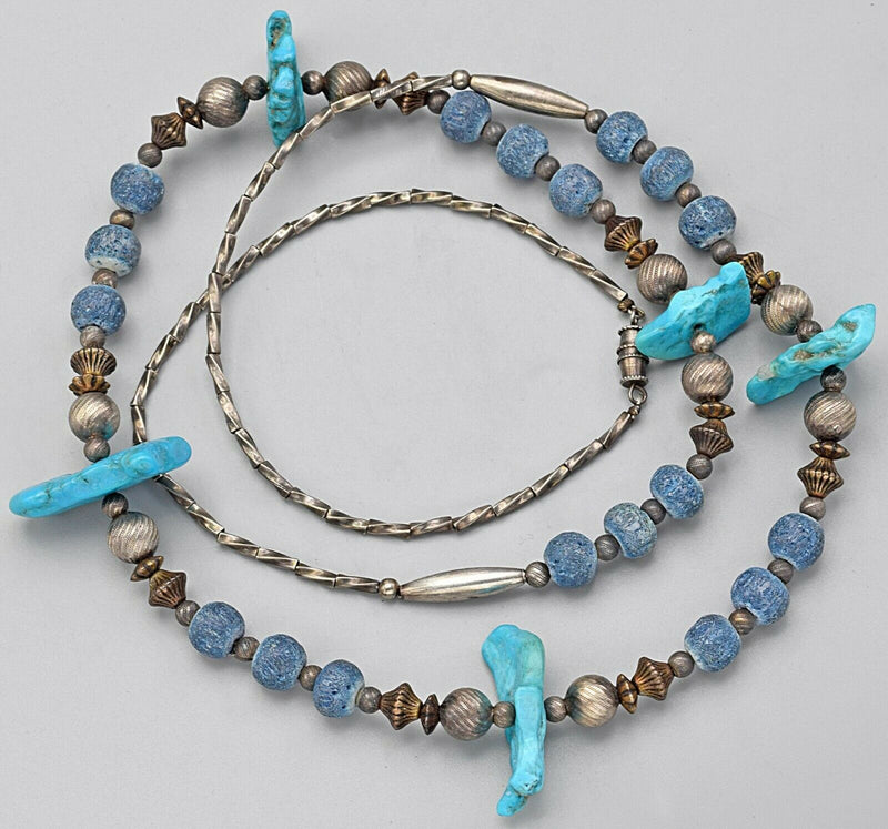 Vintage Sterling Silver Blue Coral & Turquoise Beaded Strand Necklace