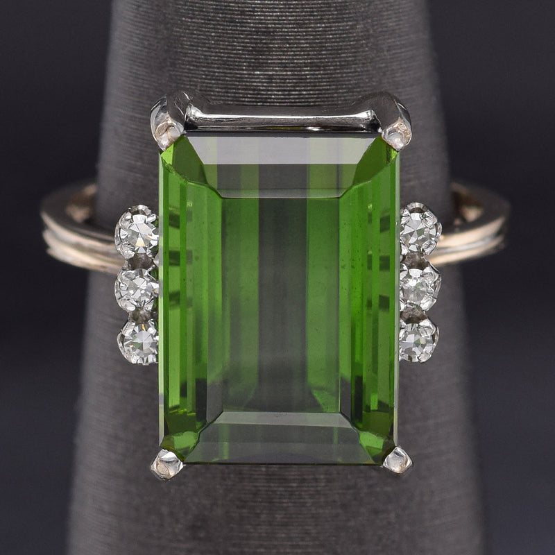 Vintage 18K Gold 7.62 Ct Green Tourmaline & Diamond Cocktail Ring 6.2 Gr F/G VS