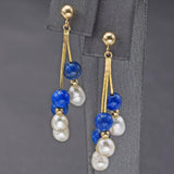 Vintage 14K Yellow Gold Lapis & Sea Pearl Beaded Multi-Strand Dangle Earrings