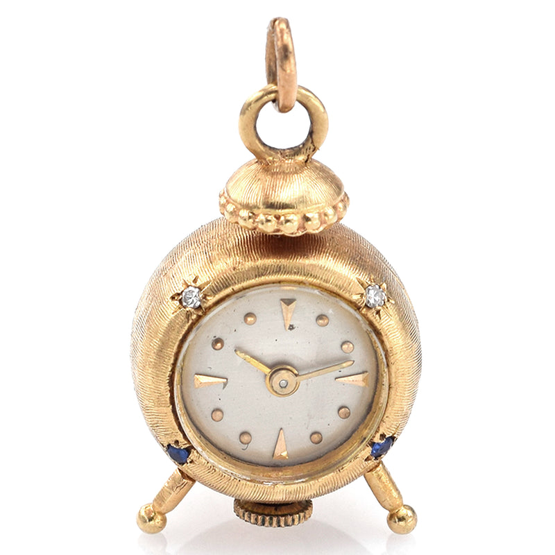 Vintage 14K Yellow Gold Diamond & Sapphire Hand Wind Clock Charm Pendant