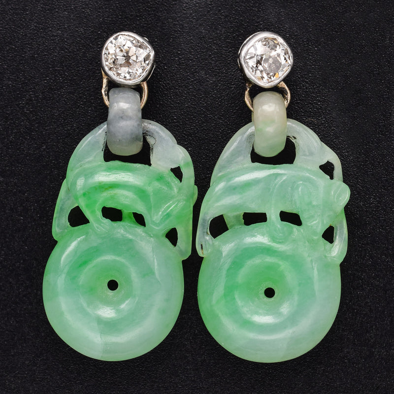 Antique 14K Gold Carved Green Jade & 0.50 TCW Old Mine Cut Diamond Earrings +Box