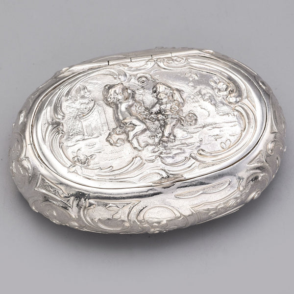 Antique 800 Silver Cherub Etched Oval Trinket Pill Box Case