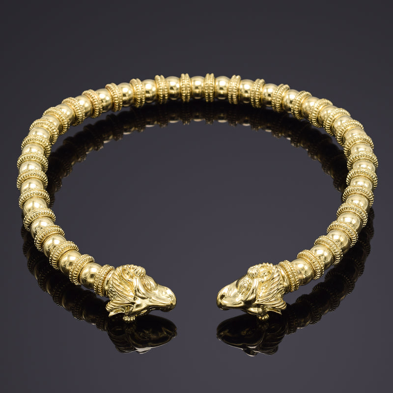 Vintage Heavy 18K Yellow Gold Italian Ram Head Collar Necklace