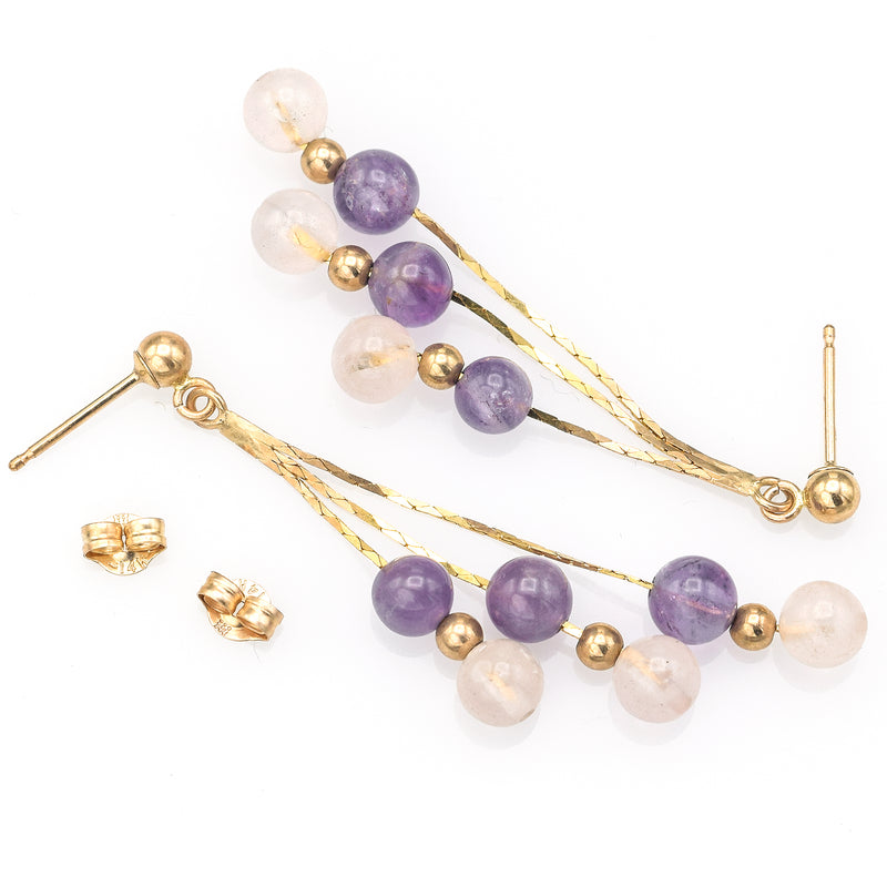 Vintage 14K Yellow Gold Amethyst & Rose Quartz Beaded Multi-Strand Dangle Earrings