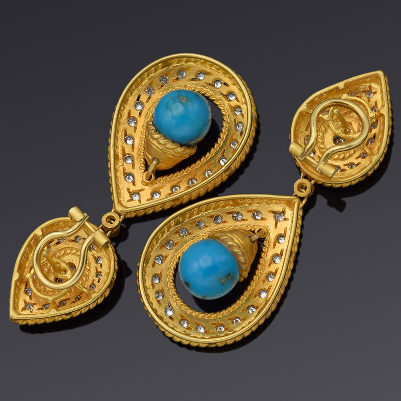 Estate 18K Yellow Gold Robins Egg Turquoise & 1.70 TCW Diamond Drop Earrings