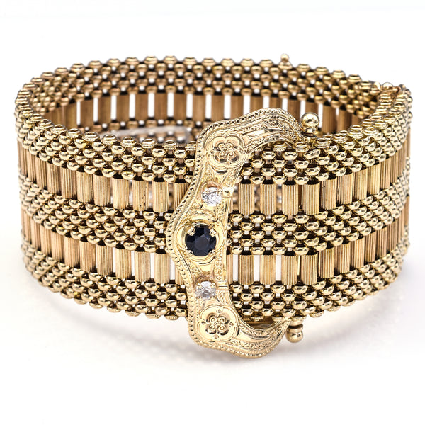 Antique Victorian 14K Gold Sapphire & Mine Cut Diamond Slide Tassel Bracelet