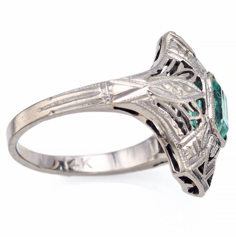 Antique 14K White Gold Emerald Art Deco Cocktail Ring Size 4