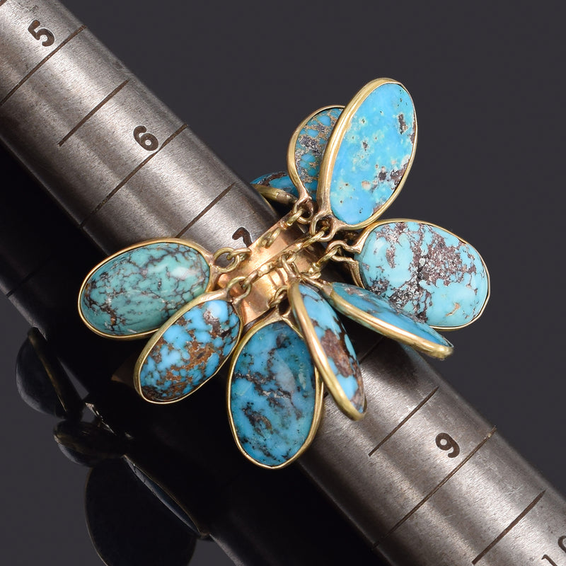 Antique 14K Gold Genuine Persian Turquoise Dangle Multi-Charm Band Ring 13.8Gr