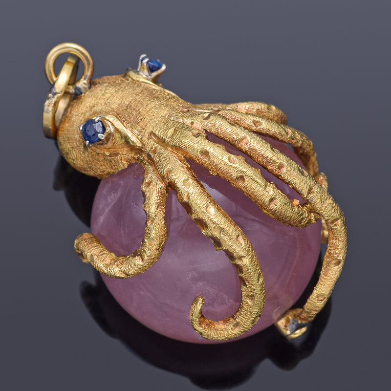 Vintage 18K Yellow Gold Rose Quartz & Sapphire Octopus Ball Pendant 18.9 Grams