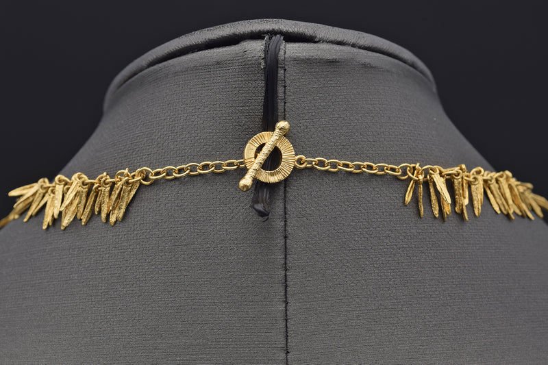 Vintage 14K Yellow Gold Feathers Dangle Toggle Chain Necklace