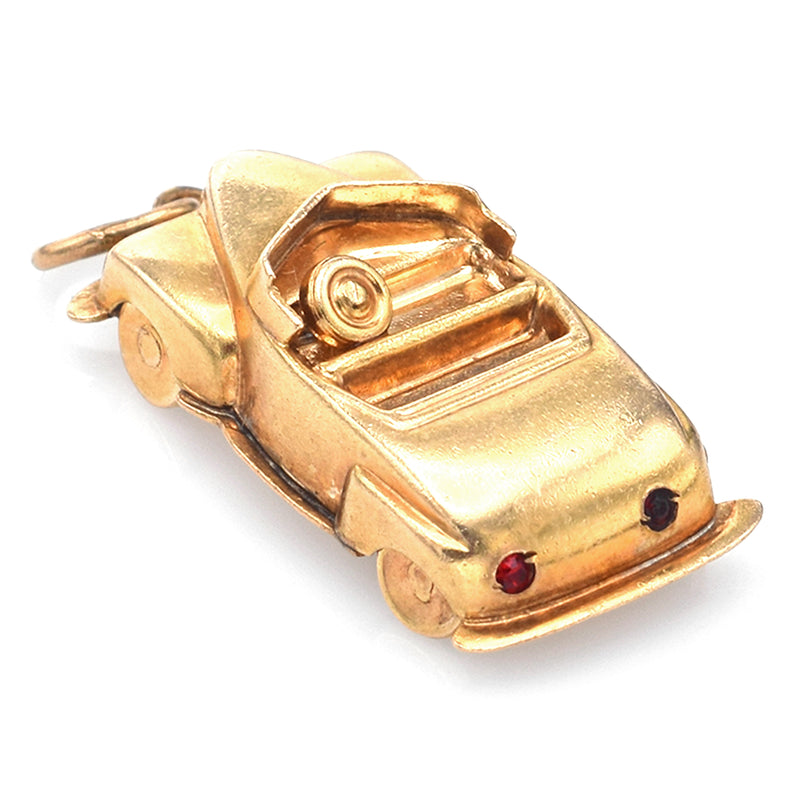 Vintage 14K Yellow Gold CZ Convertible Car Charm Pendant with Moving Wheels