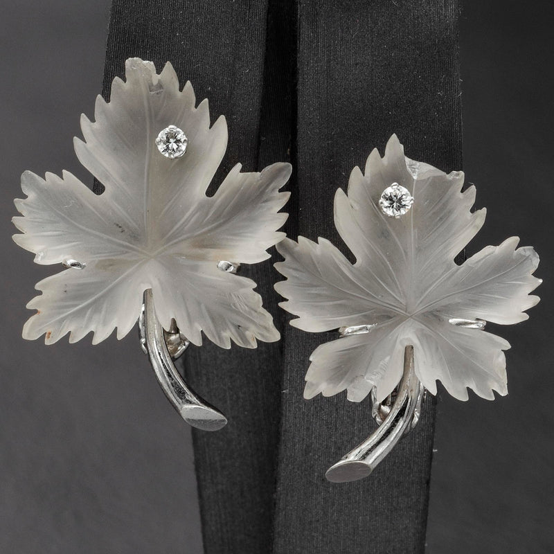 Vintage 14K White Gold Diamond & Frosted Quartz Carved Leaf Earrings & Brooch Pin Set
