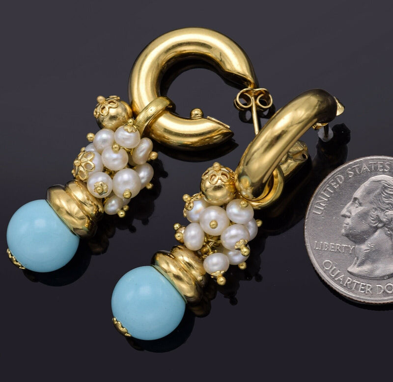 Vintage 18K Gold Turquoise Sea Pearl Drop Dangle Interchangeable Earrings 26.5G