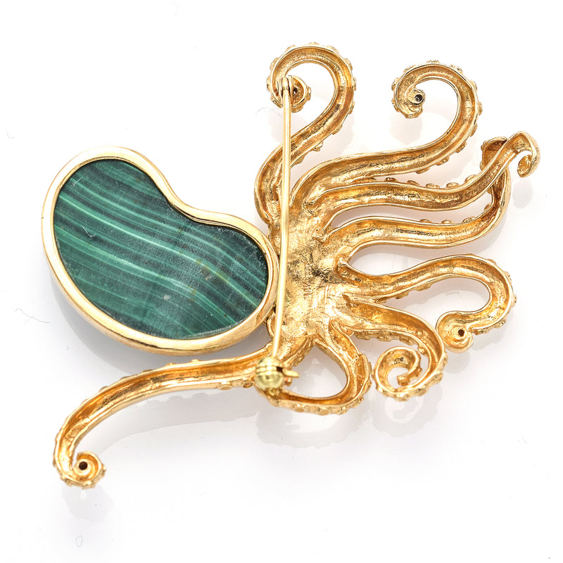Vintage 14K Yellow Gold Malachite, Ruby & Diamond Octopus Large Brooch Pin