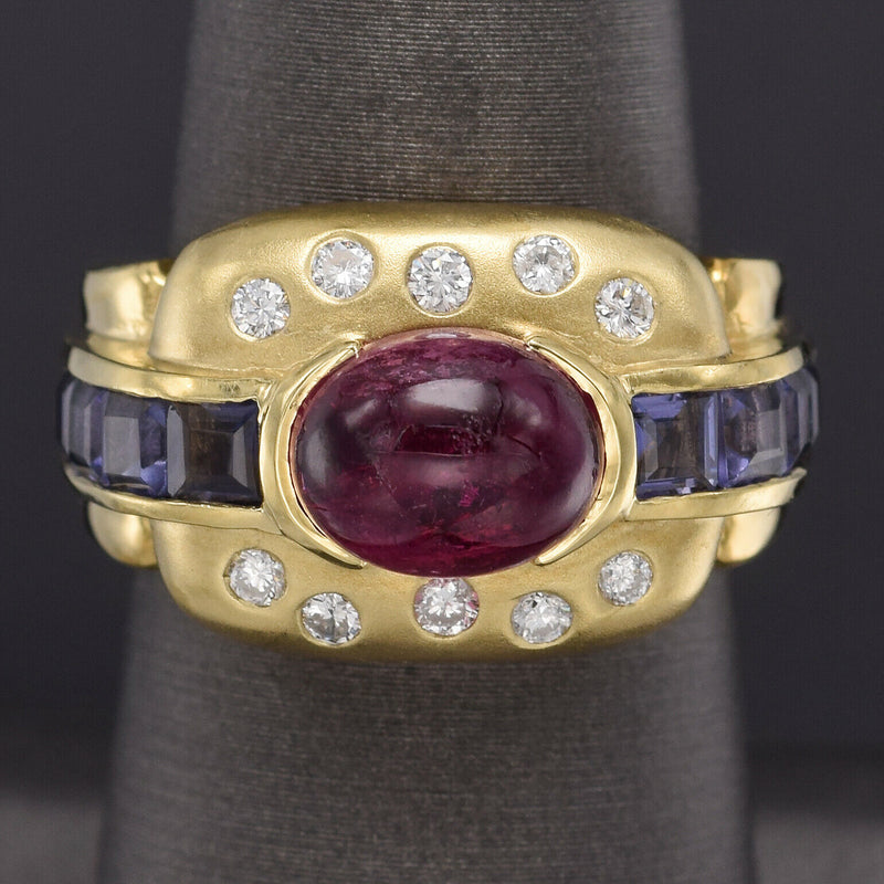 Vintage 14K Gold Natural Pink Tourmaline, Iolite & Diamond Band Ring