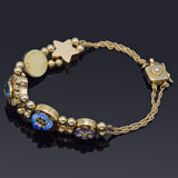 Antique Museum Company 14K Gold Blue Topaz & Diamond Slide Charm Bracelet + Box