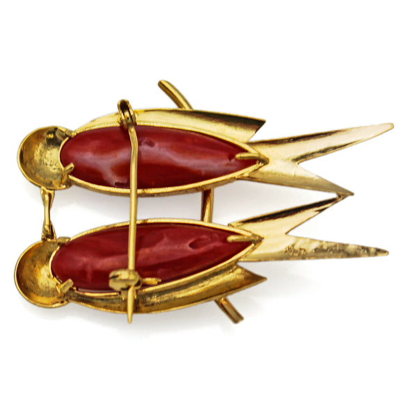 Vintage 15K Yellow Gold Red Coral Love Birds Brooch Pin
