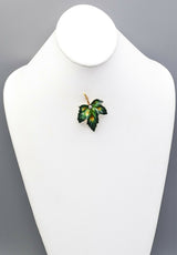 Vintage 14K Yellow Gold 0.20 Ct Diamond Enamel Leaf Brooch Pin