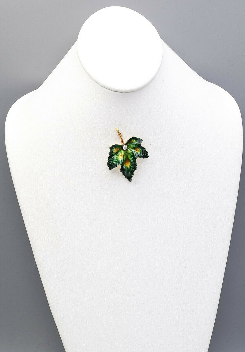 Vintage 14K Yellow Gold 0.20 Ct Diamond Enamel Leaf Brooch Pin