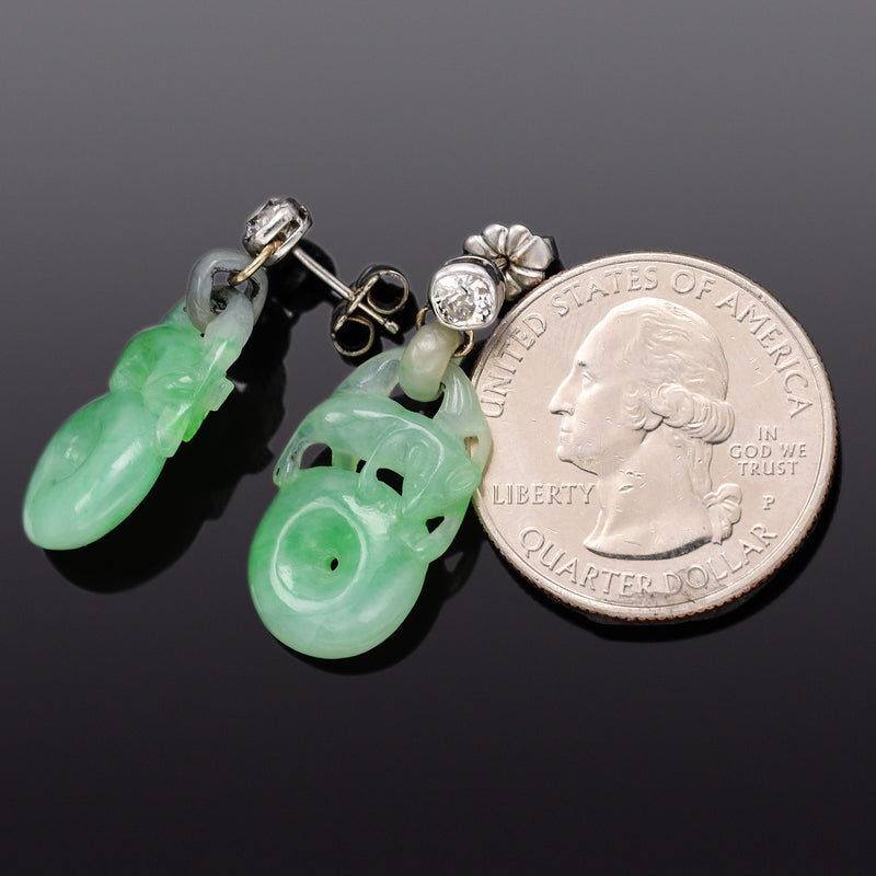 Antique 14K Gold Carved Green Jade & 0.50 TCW Old Mine Cut Diamond Earrings +Box