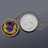 Antique Scottish Thistle 15K Gold Amethyst, Orange Spinel & Sea Pearl Brooch Pin