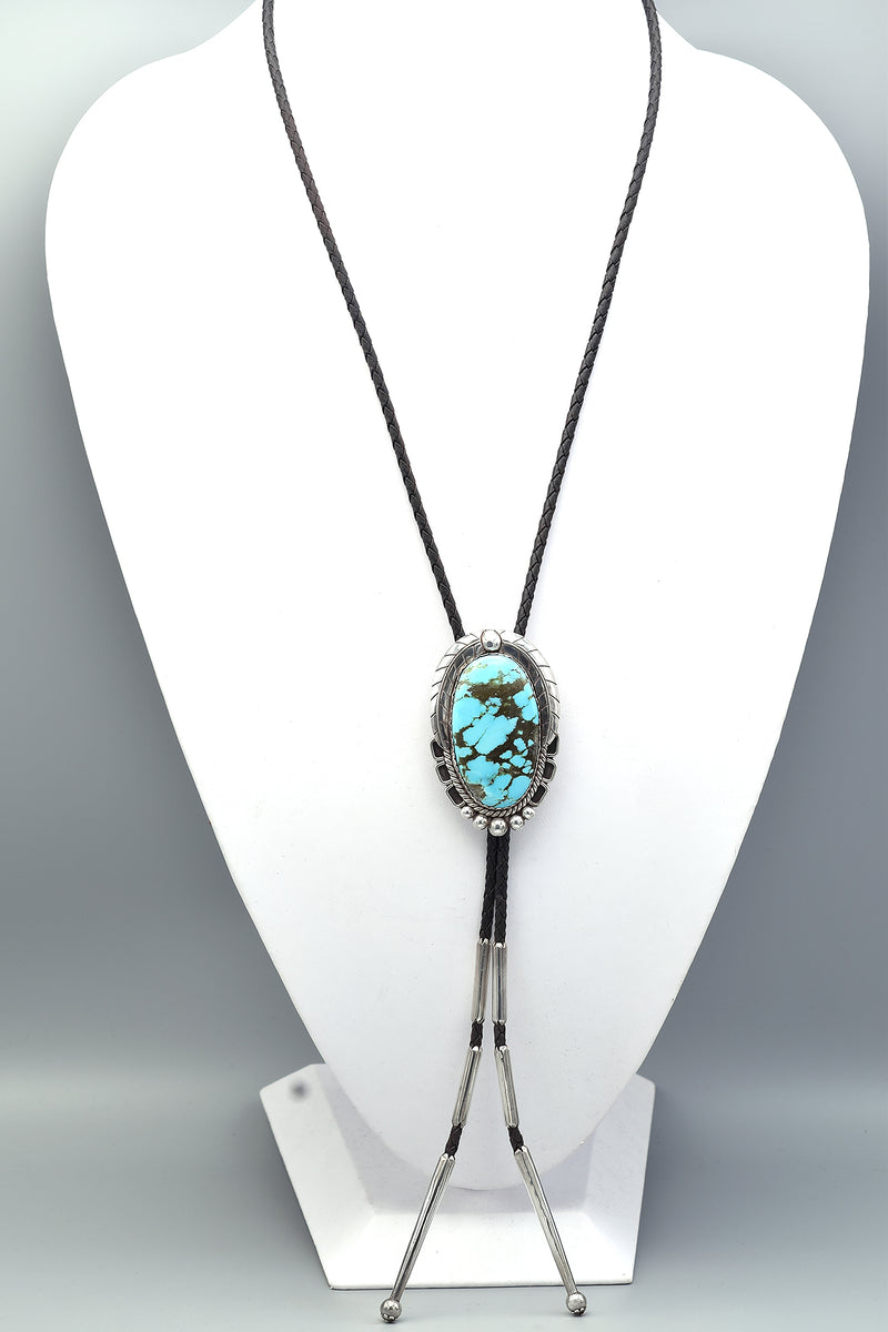 Vintage Sterling Silver Turquoise Oval Southwestern Bolo Tie