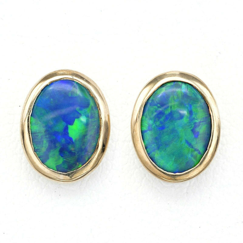 Vintage 18K Yellow Gold Black Opal Oval Stud Earrings