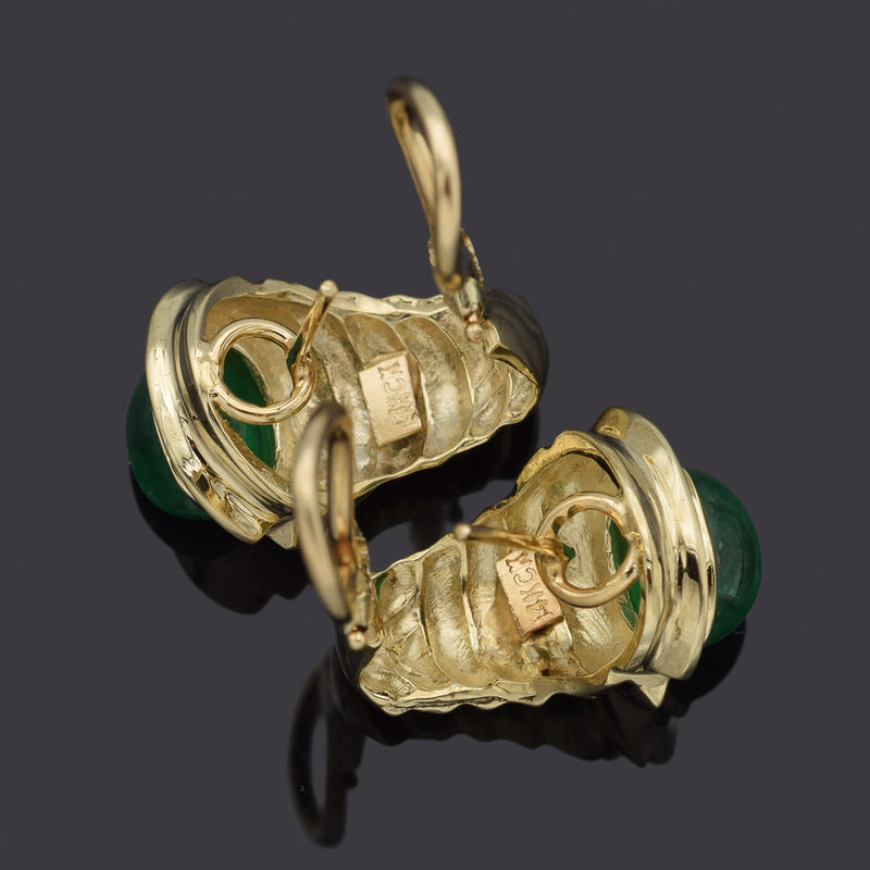 Vintage 14K Yellow Gold Emerald Omega Back Drop Earrings