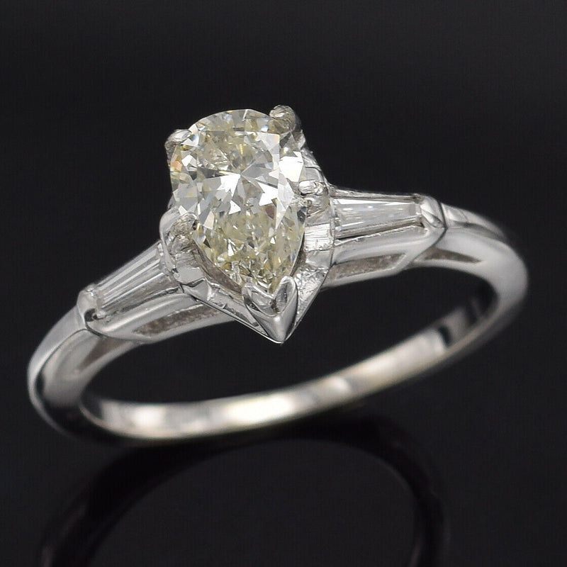 Vintage 14K White Gold 0.89 TCW Diamond Pear Three-Stone Band Ring Size 5.5