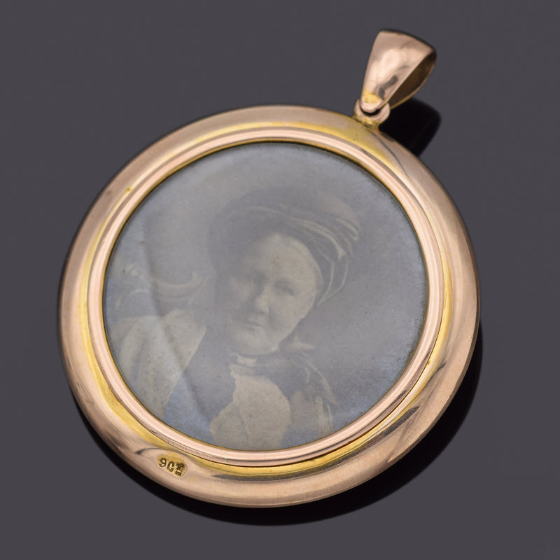 Antique English 9K Yellow Gold Round Reversible Open Face Locket Pendant