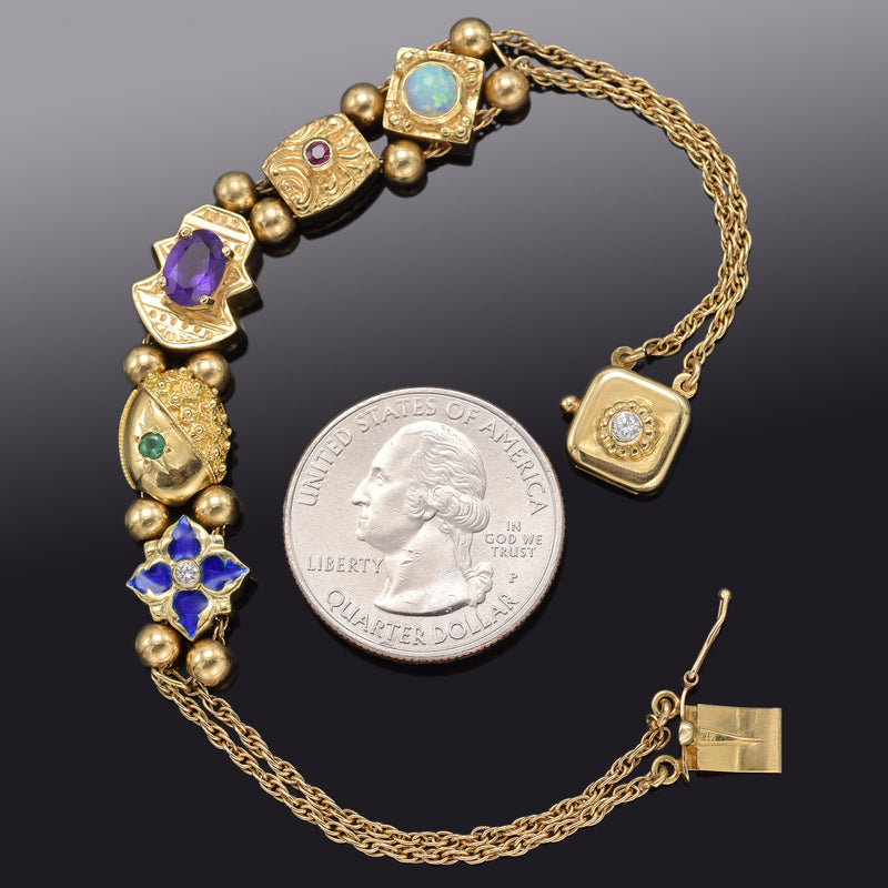 Vintage Museum Company 14K Yellow Gold Multi-Stone & Diamond Enamel Slide Bracelet 14.8 Gr