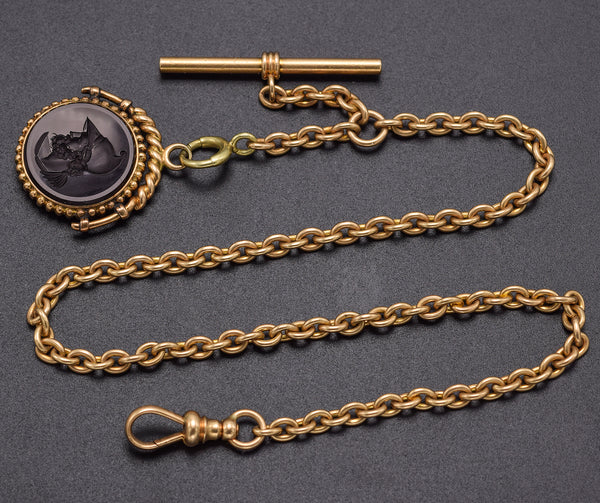 Antique 14K Yellow Gold Onyx Intaglio Pocket Watch Chain Fob 13 Inches