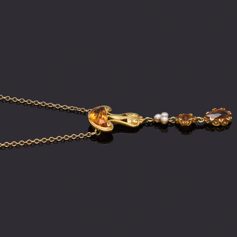 Antique 14K Yellow Gold Citrine & Sea Pearl Necklace