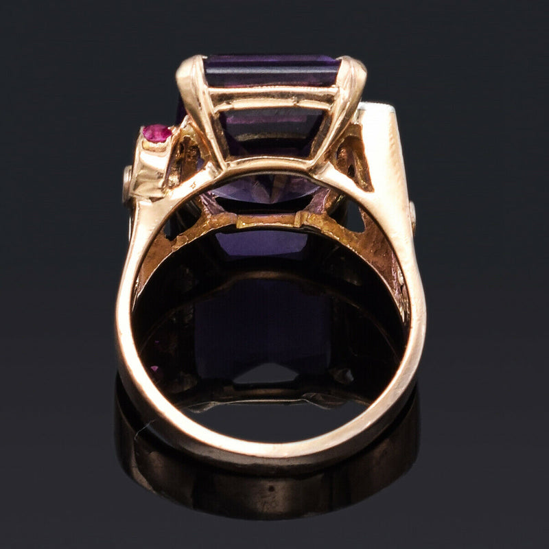 Antique 14K Gold 12.31 Ct Amethyst, Ruby & Diamond Cocktail Ring
