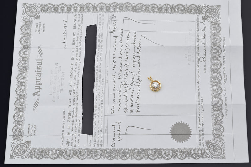 $5,500 Appraised Vintage 14K Yellow Gold 1.16 Ct Round Brilliant Diamond Pendant