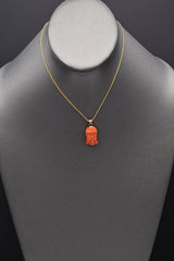 Vintage 14K Yellow Gold Red Coral Carved Buddha Pendant Necklace 5.1 Grams 14"