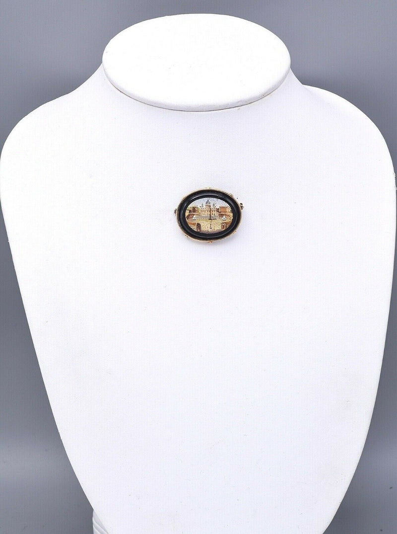 Antique Victorian 14K Gold Onyx St Peter's Square Micro Mosaic Brooch Pin