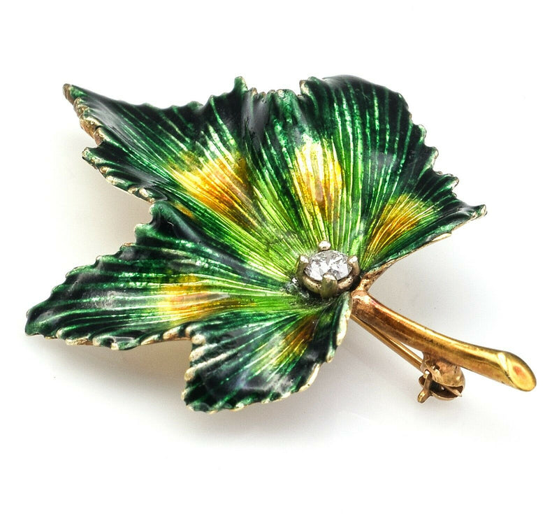 Vintage 14K Yellow Gold 0.20 Ct Diamond Enamel Leaf Brooch Pin