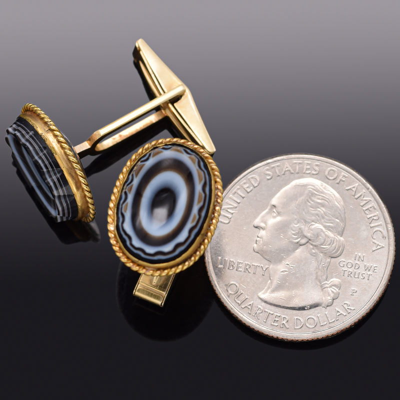 Antique 14Kt Yellow Gold Black and White Agate Oval Cufflinks 7.5 Grams