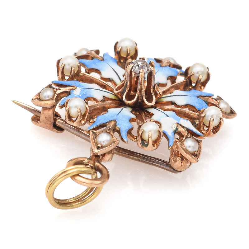 Vintage 14K Yellow Gold Diamond & Sea Pearl Enamel Snowflake Brooch Pin Pendant