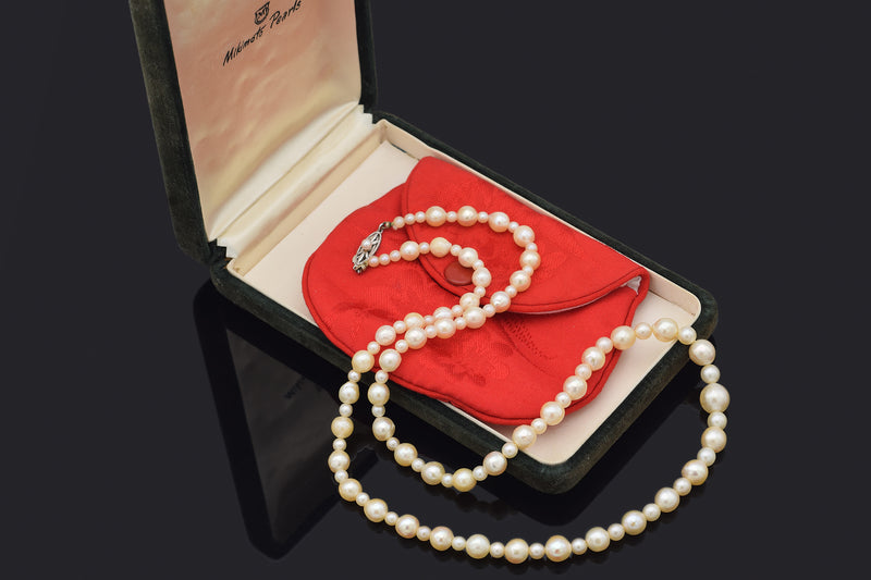 Antique Mikimoto 9K White Gold Sea Pearl Beaded Strand Necklace + Pouch, Box