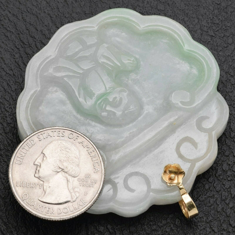 Antique 14K Gold Green Jade Large Thick Carved Deity Reversible Pendant