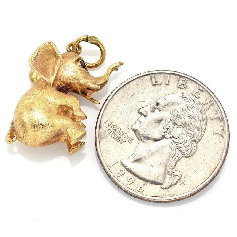 Vintage 14K Yellow Gold Ruby Elephant Charm Pendant