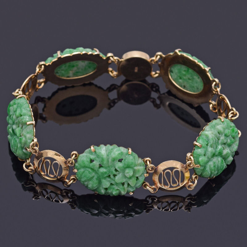 Vintage 14K Yellow Gold Green Jade Floral Carved Oval Link Bracelet 19.8 Grams