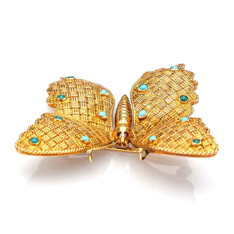 Vintage 18K Yellow Gold Turquoise & Ruby Butterfly Brooch Pin Pendant