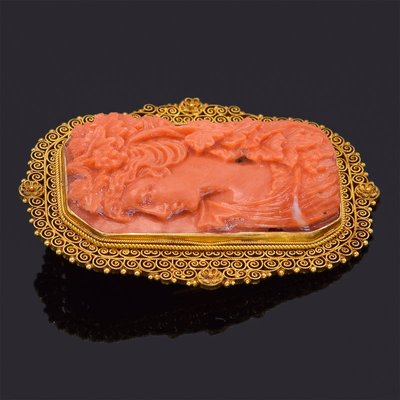 Antique 18K Yellow Gold Red Coral Cameo Brooch Pin