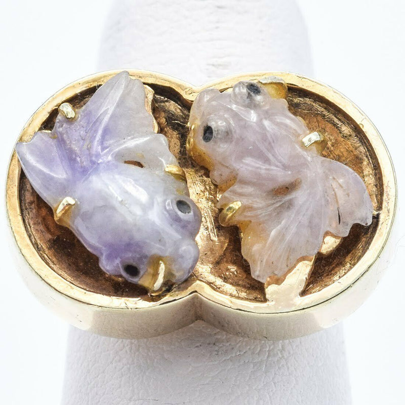 Vintage 14K Yellow Gold Lavender Jade Koi Fish Ring